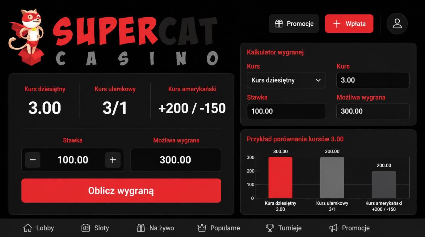Przykłady różnych kursów i potencjalnej wygranej na ekranie zakładów Supercat