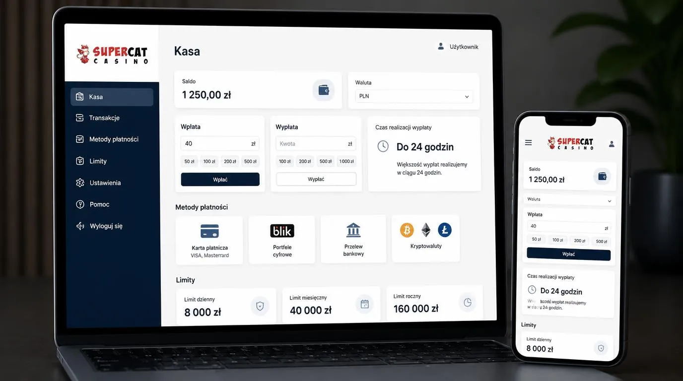 Panel kasy online z wpłatą 40 zł, wypłatą do 24 godzin i limitami wypłat w PLN