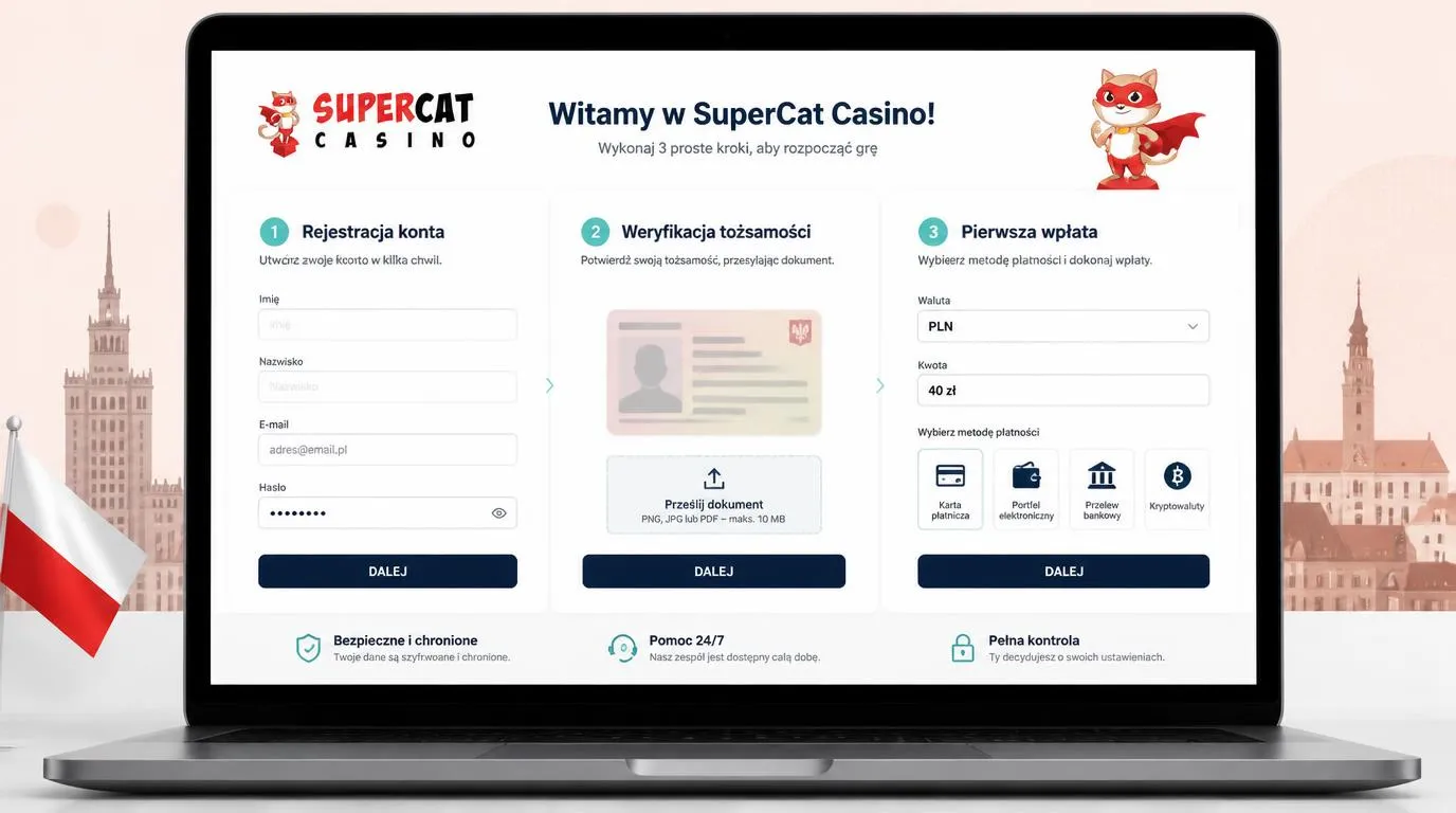 Panel rejestracji konta, przesyłania dokumentów KYC i pierwszego depozytu w kasynie online