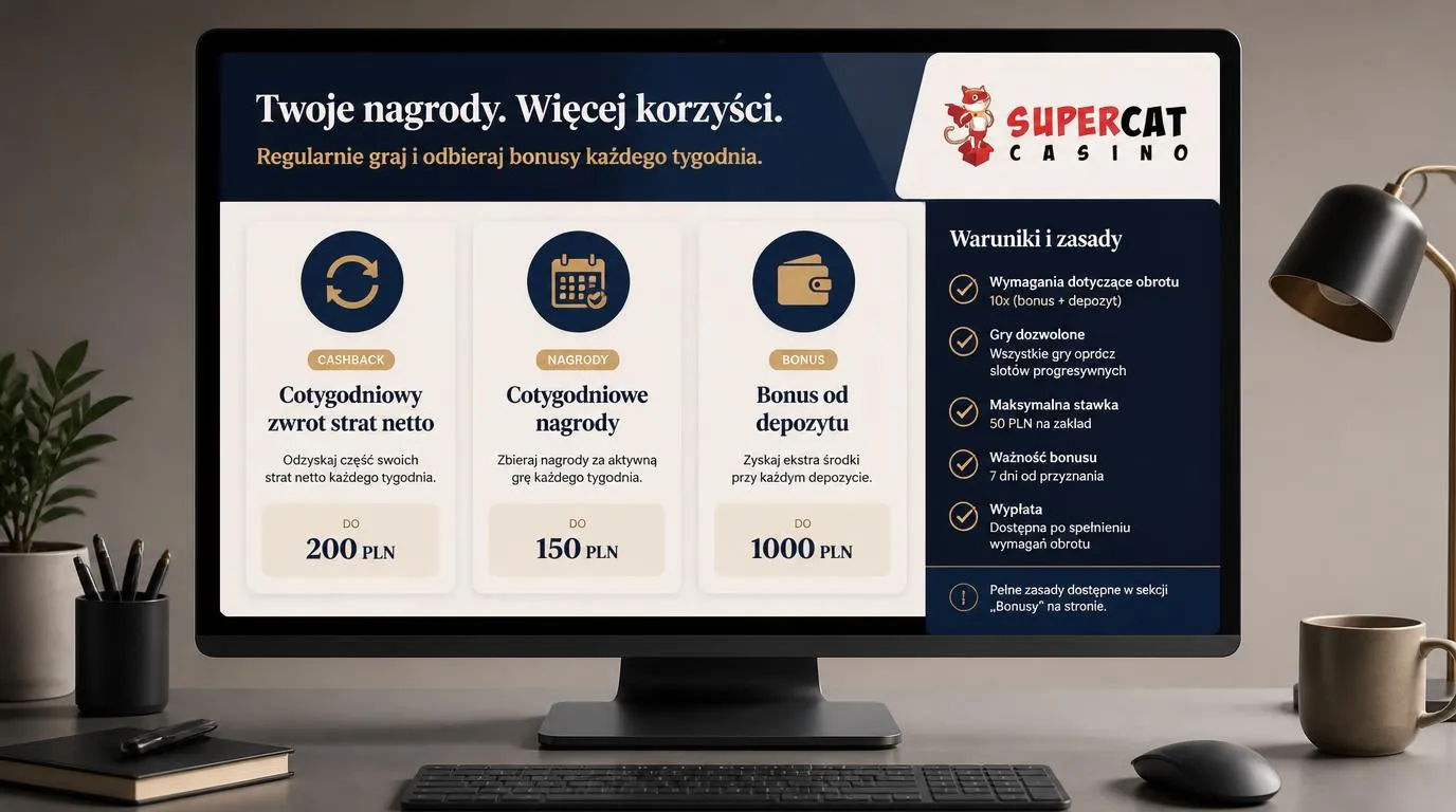 Panel promocji kasyna online z kartami cashbacku i cotygodniowego bonusu depozytowego w złotych