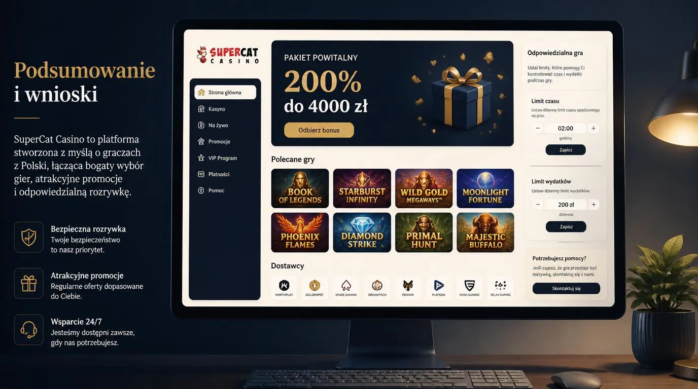 Panel kasyna online z ofertą 200% do 4000 zł, kafelkami gier i ustawieniami limitów