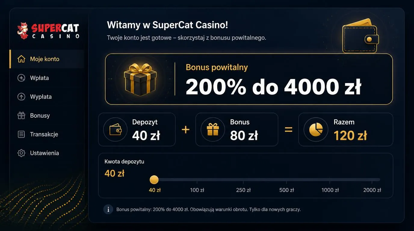 Panel bonusu powitalnego z ofertą 200% do 4000 zł i przykładem wpłaty 40 zł oraz bonusu 80 zł